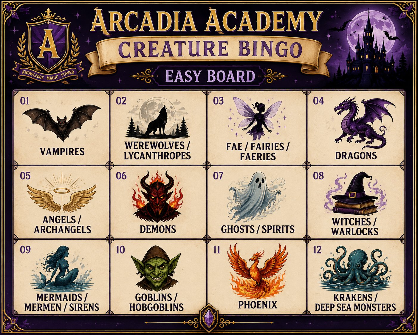 Arcadia Academy Creature Bingo — Easy Board (12 creatures)