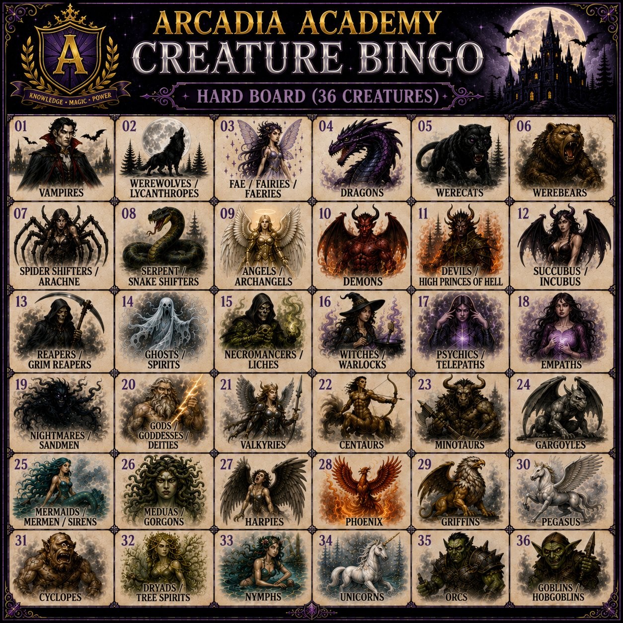 Arcadia Academy Creature Bingo — Hard Board (36 creatures)
