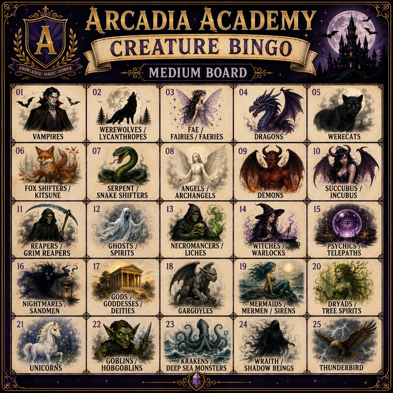 Arcadia Academy Creature Bingo — Medium Board (25 creatures)