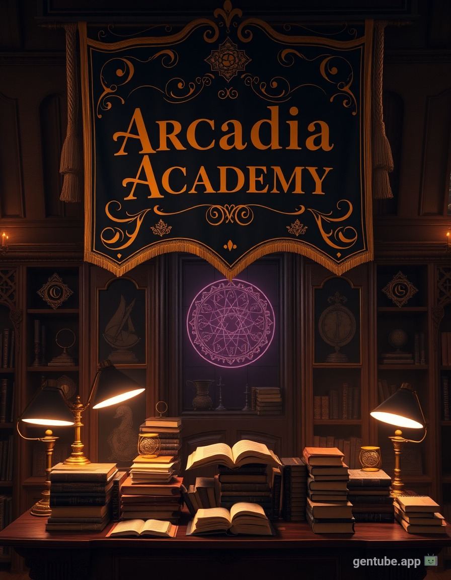 Arcadia Academy banner hanging in a candlelit library